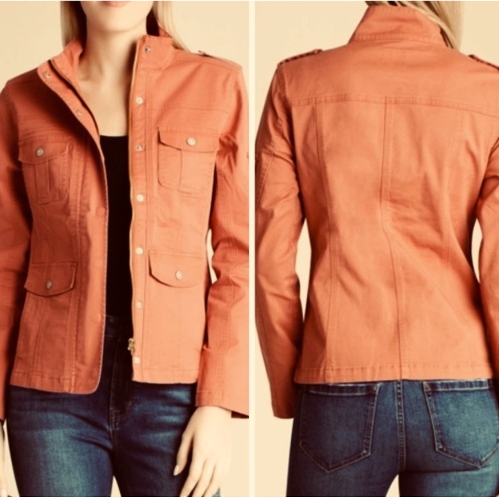 Kensie Jeans Womens Orange Utility Jacket Button Up Military Style - M